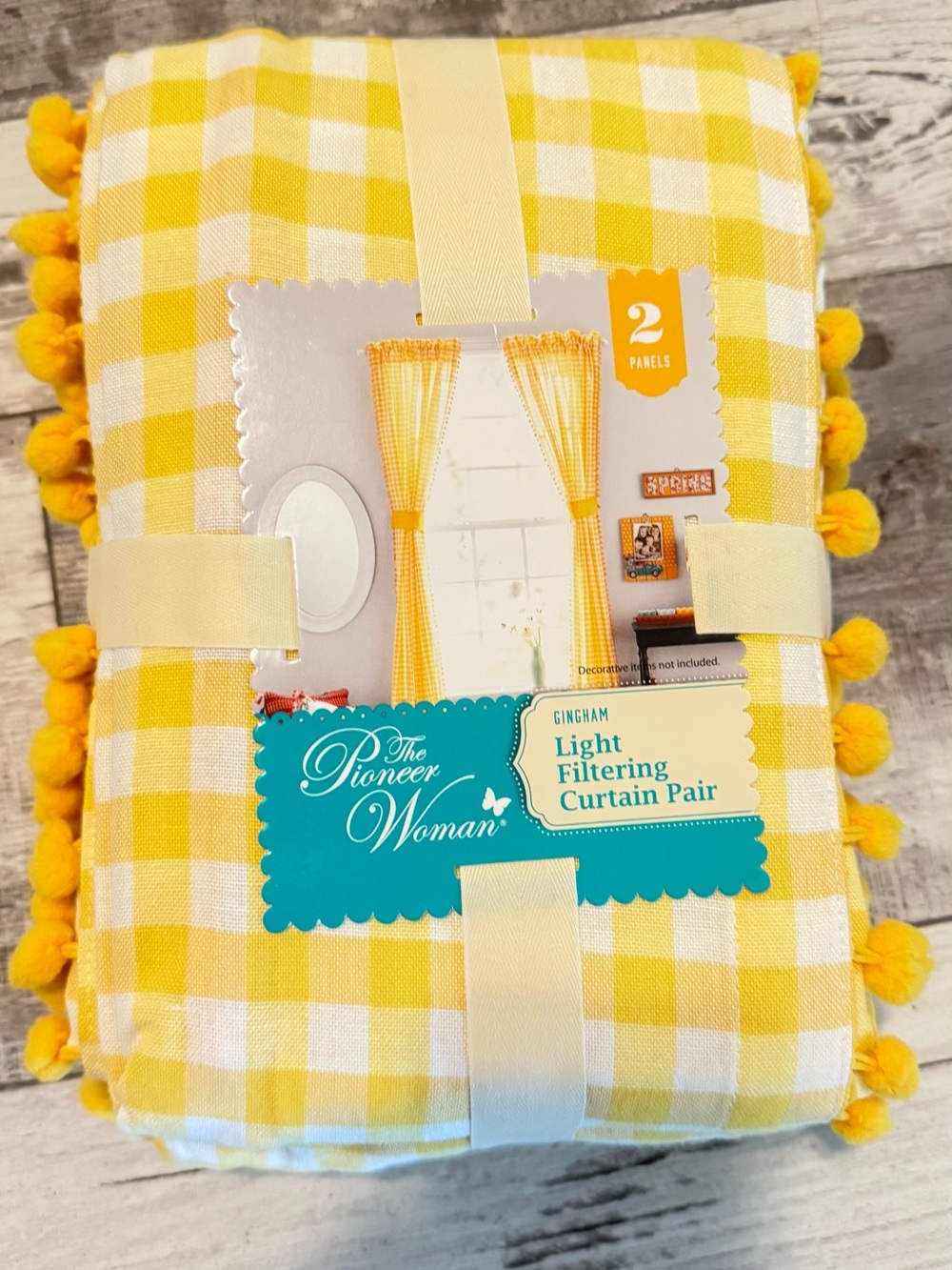 NWT. The Pioneer Woman Yellow and White Gingham Pom Pom Curtain Pair. 2 panels.